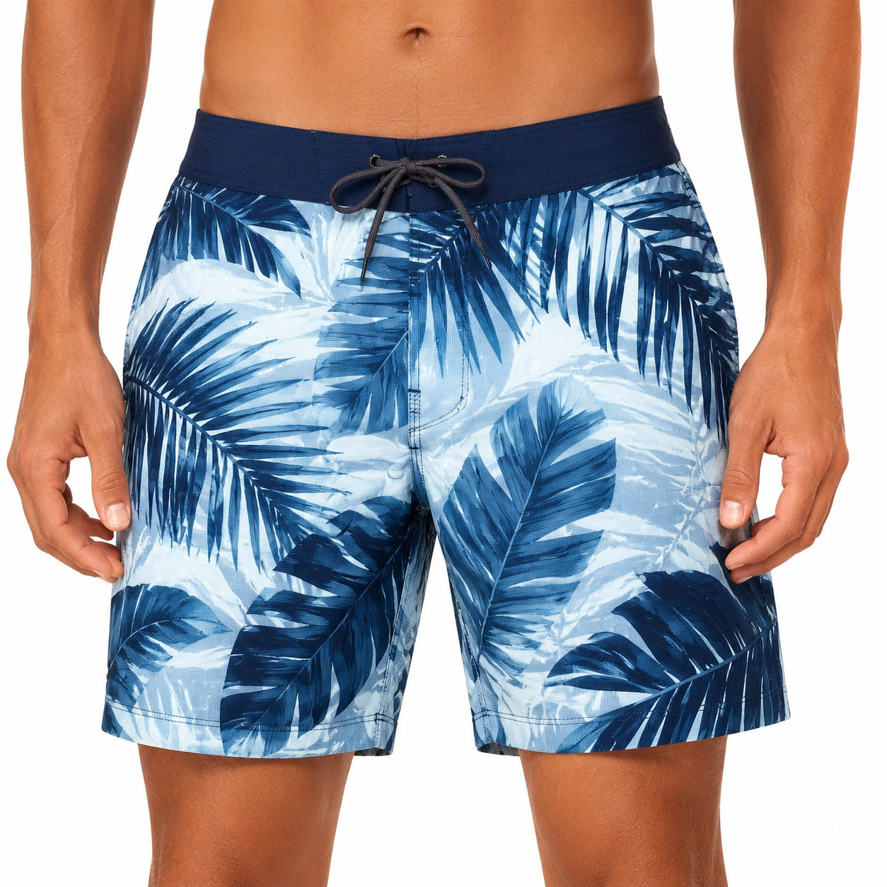 Bañador corto para hombre talla M de tejido azul estampado tropical con cordón