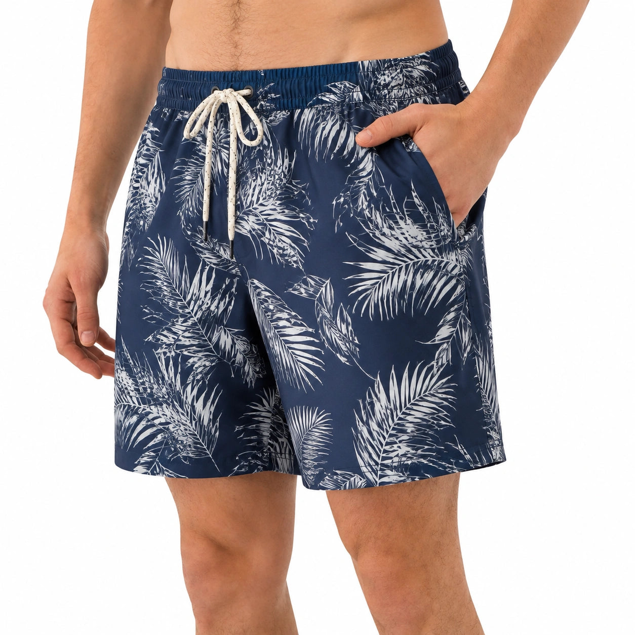Bañador de hombre talla M de tejido azul marino estampado tropical con bolsillos y cordón