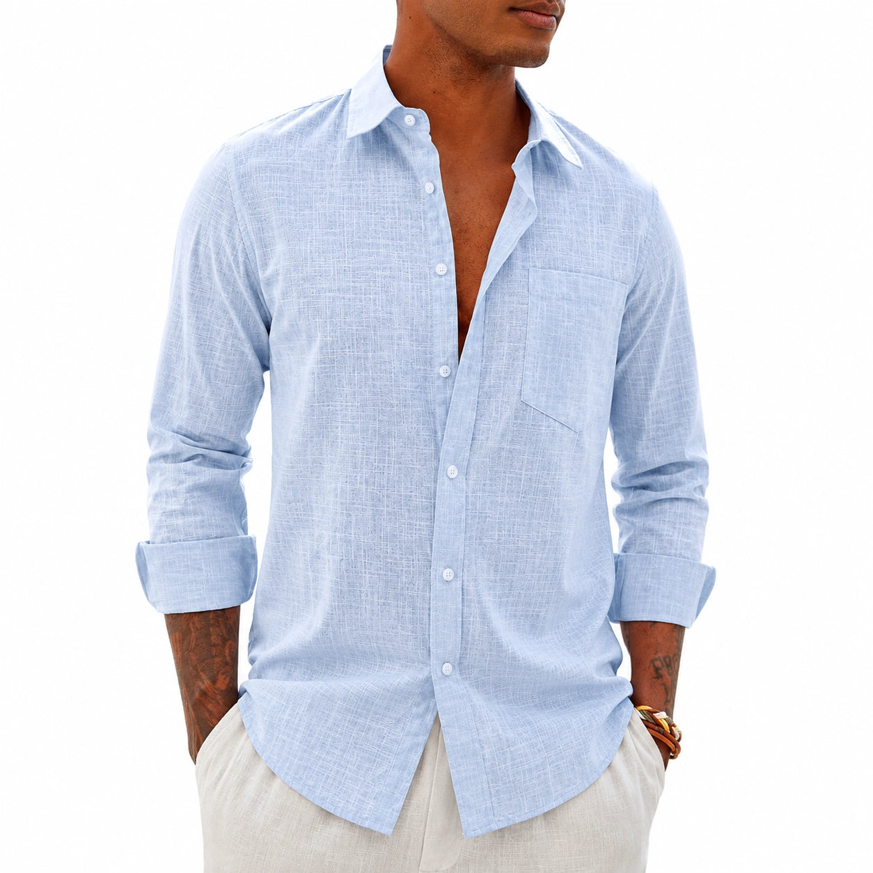 Camisa de hombre talla M azul claro de tejido con apariencia de lino manga larga estilo casual