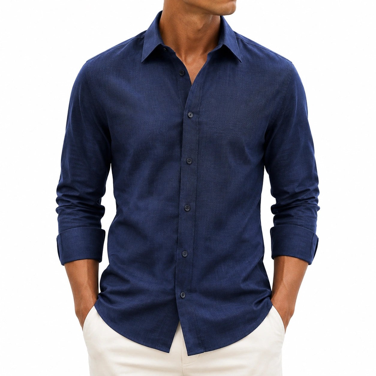 Camisa de hombre talla M de lino azul marino manga larga estilo clásico