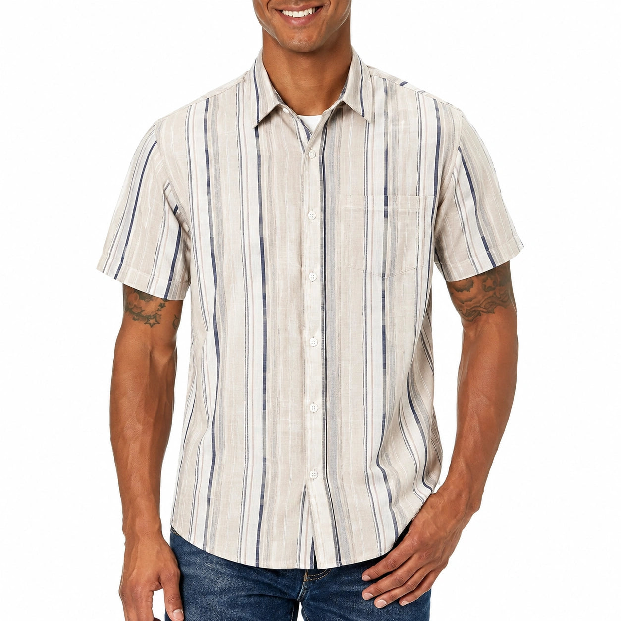 Camisa de hombre talla M de tejido ligero beige con rayas de manga corta
