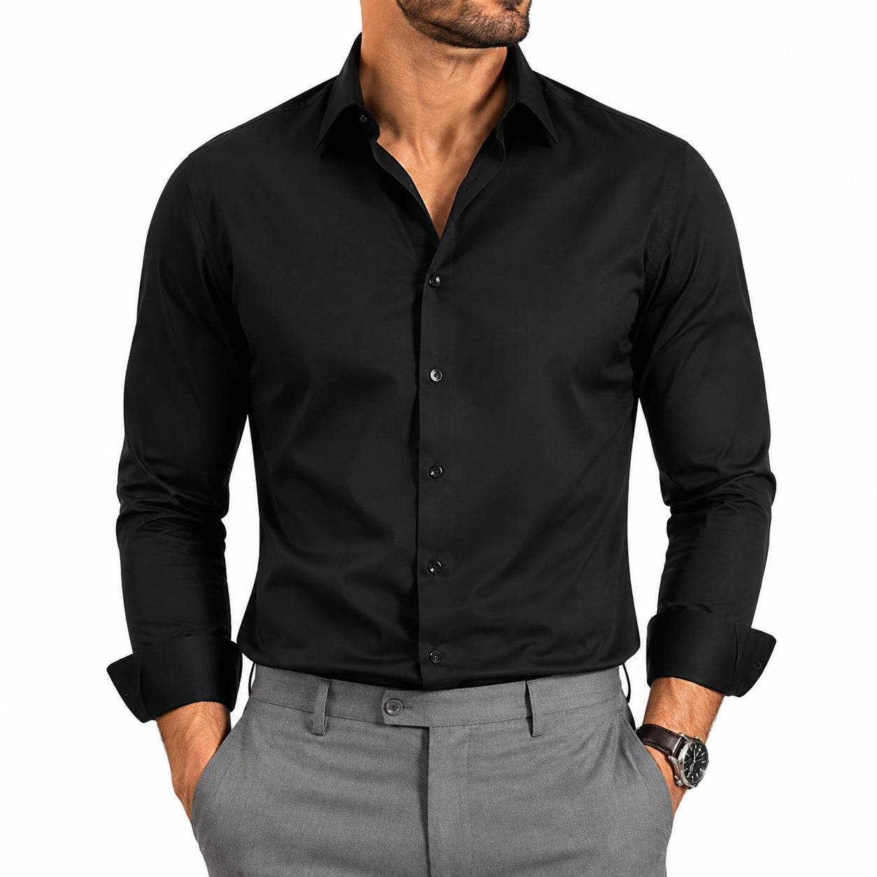 Camisa de vestir para hombre talla L negra de manga larga estilo formal