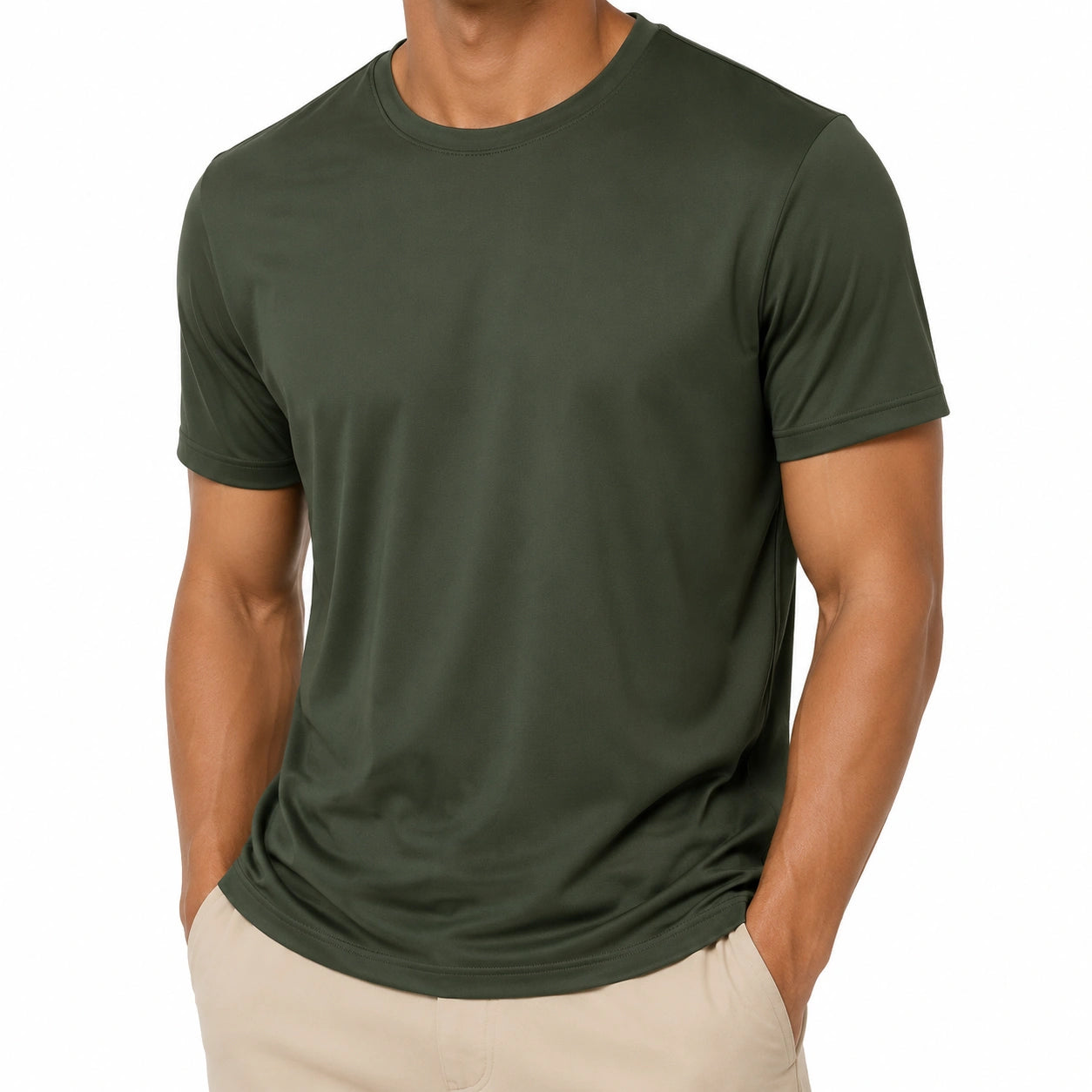 Camiseta de hombre M de tejido sintético verde oscuro deportiva de cuello redondo