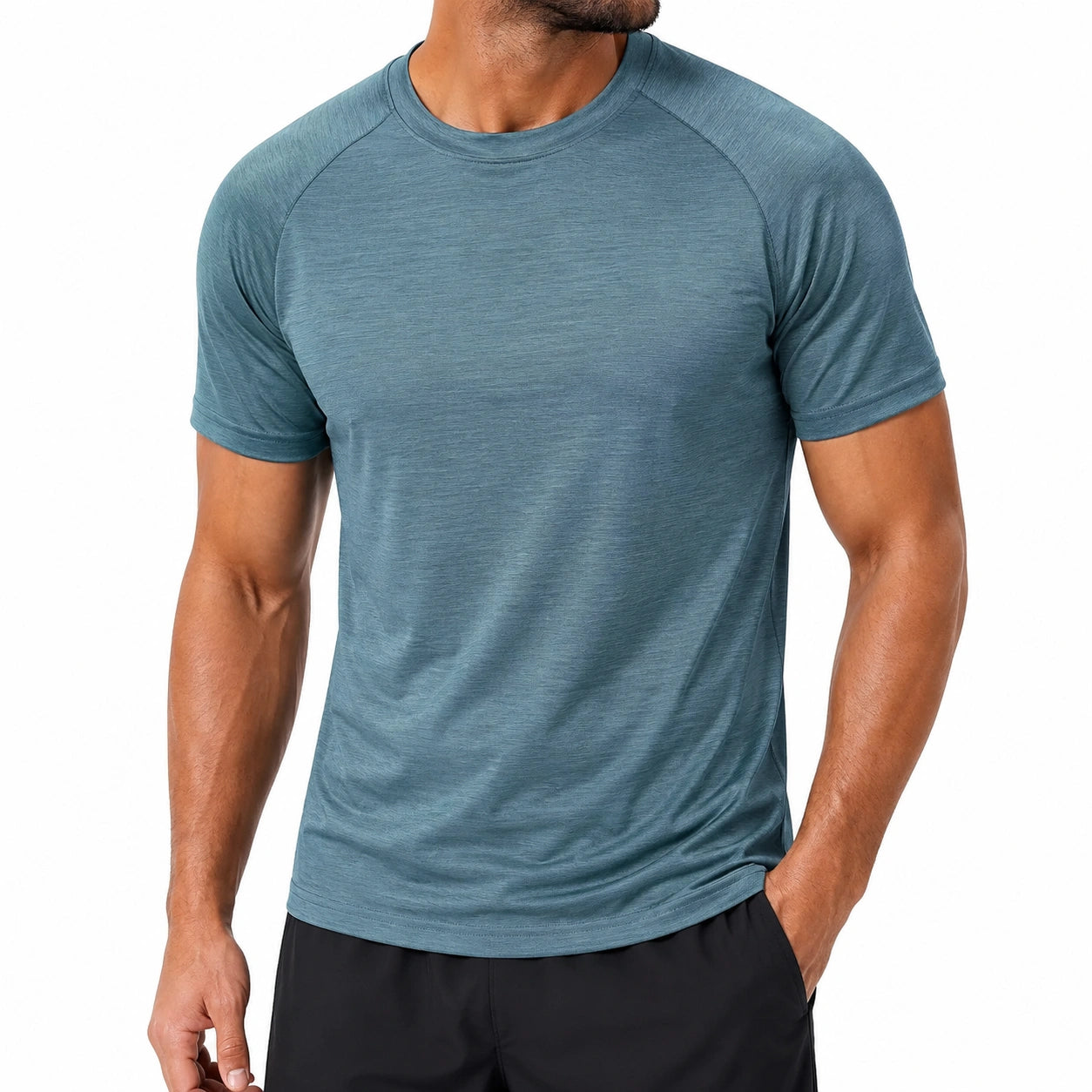 Camiseta deportiva M de punto azul petróleo con manga raglán para hombre