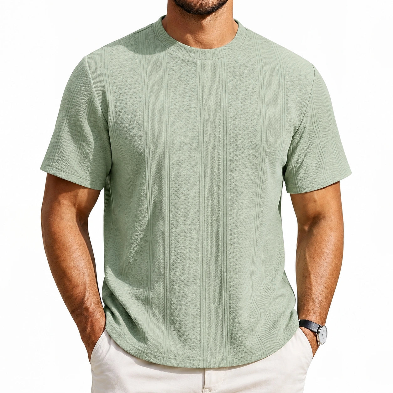 Camiseta de punto para hombre talla L verde salvia de manga corta con textura vertical