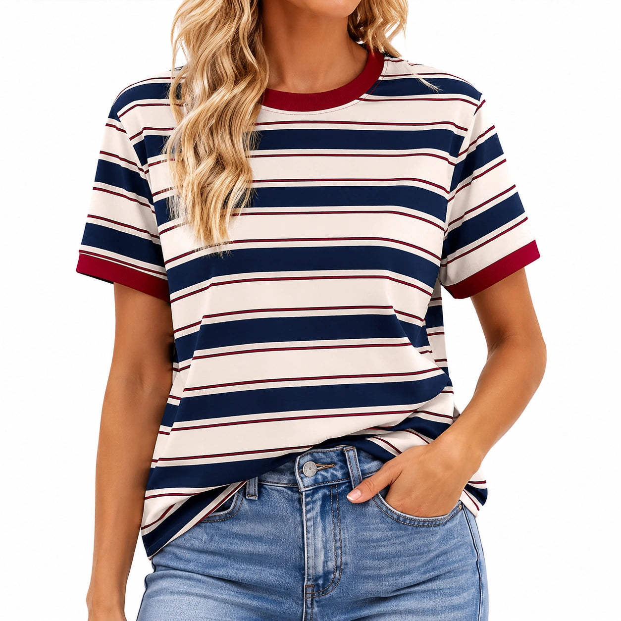 Camiseta de mujer talla S de tejido a rayas azul marino blanco y rojo de manga corta estilo casual