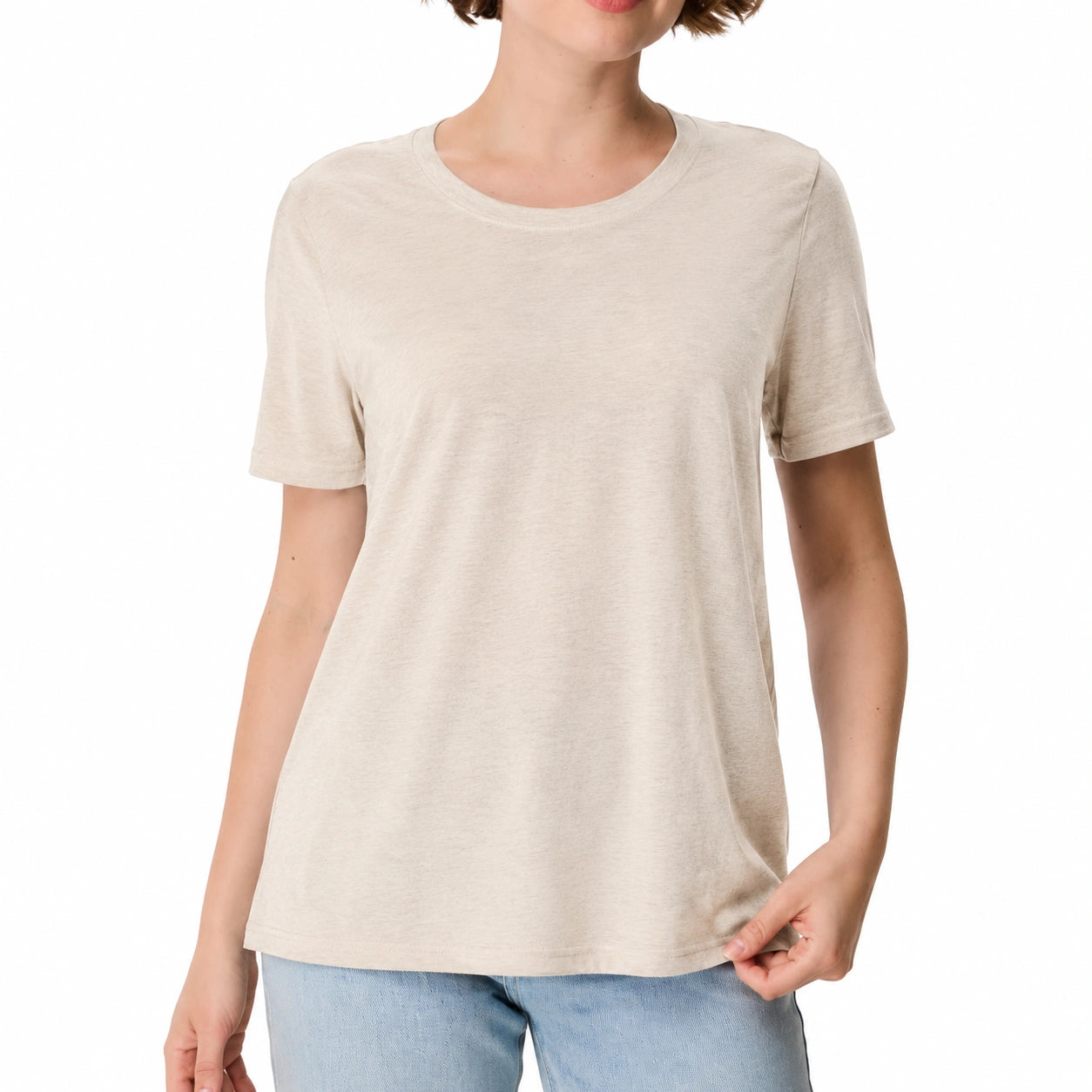 Camiseta de mujer talla M de tejido beige - manga corta y cuello redondo