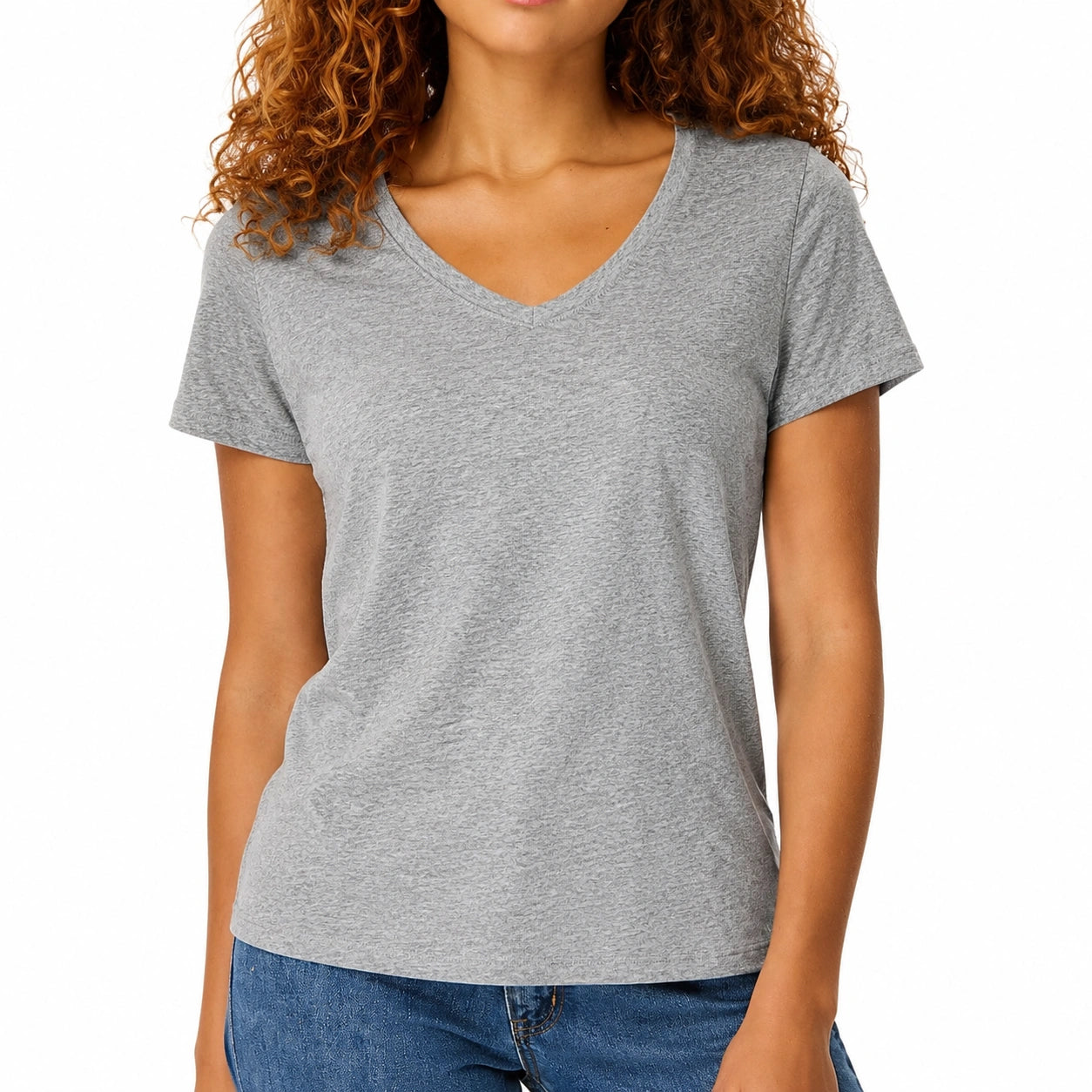 Camiseta de mujer talla M gris de tejido jaspeado con cuello en V y manga corta casual
