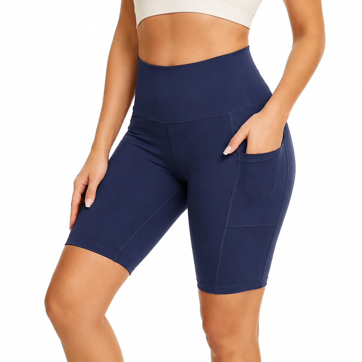 Pantalón corto ciclista M azul marino de tejido elástico con cintura alta y bolsillo lateral