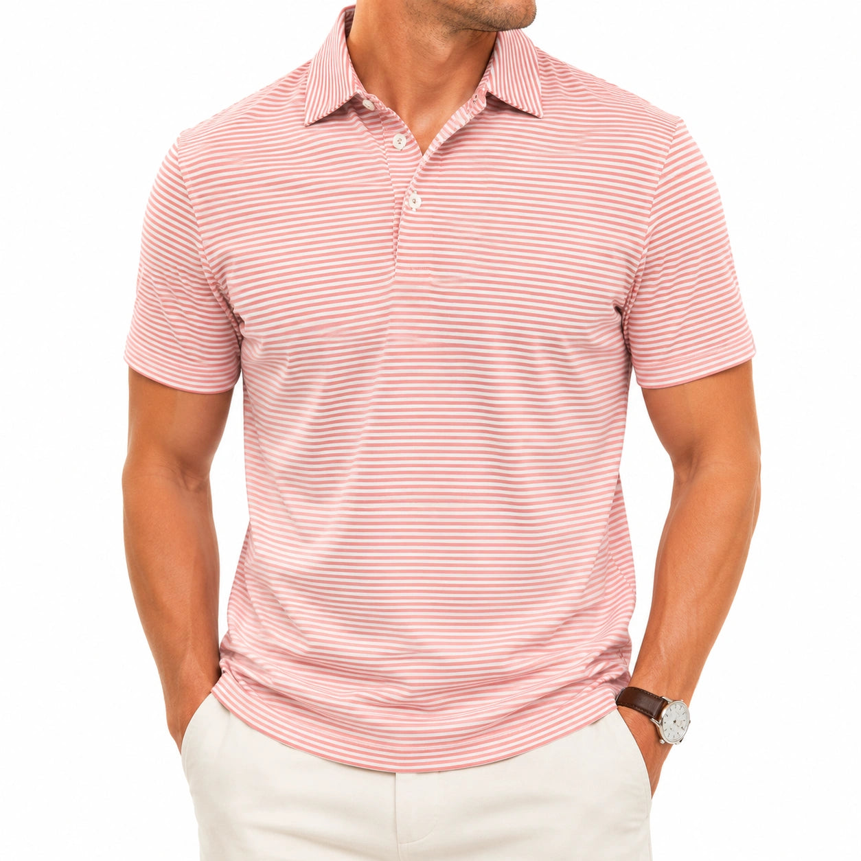 Polo de hombre talla M de tejido rosa/blanco a rayas de manga corta