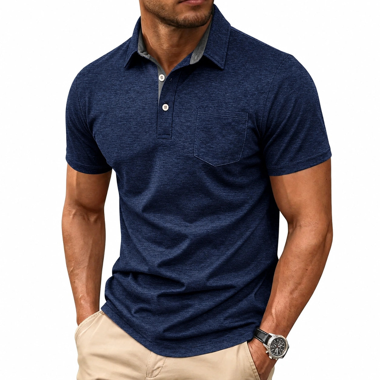 Polo de hombre talla M azul marino de tejido texturizado con bolsillo - manga corta