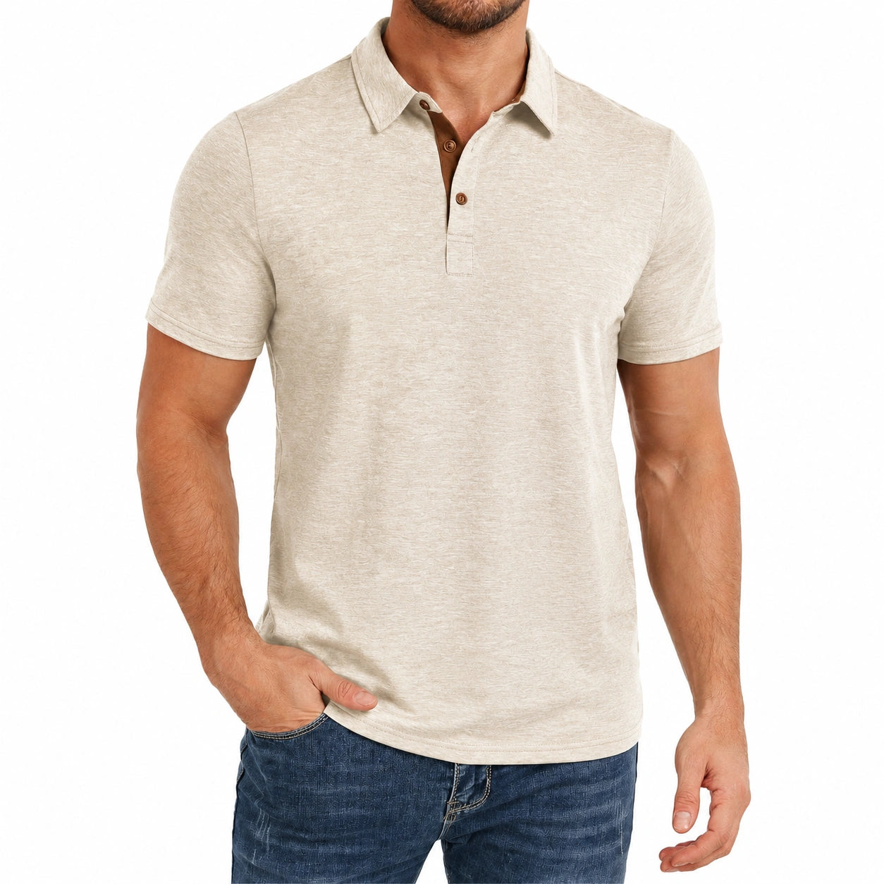 Polo de hombre talla M beige de manga corta con tejido jaspeado
