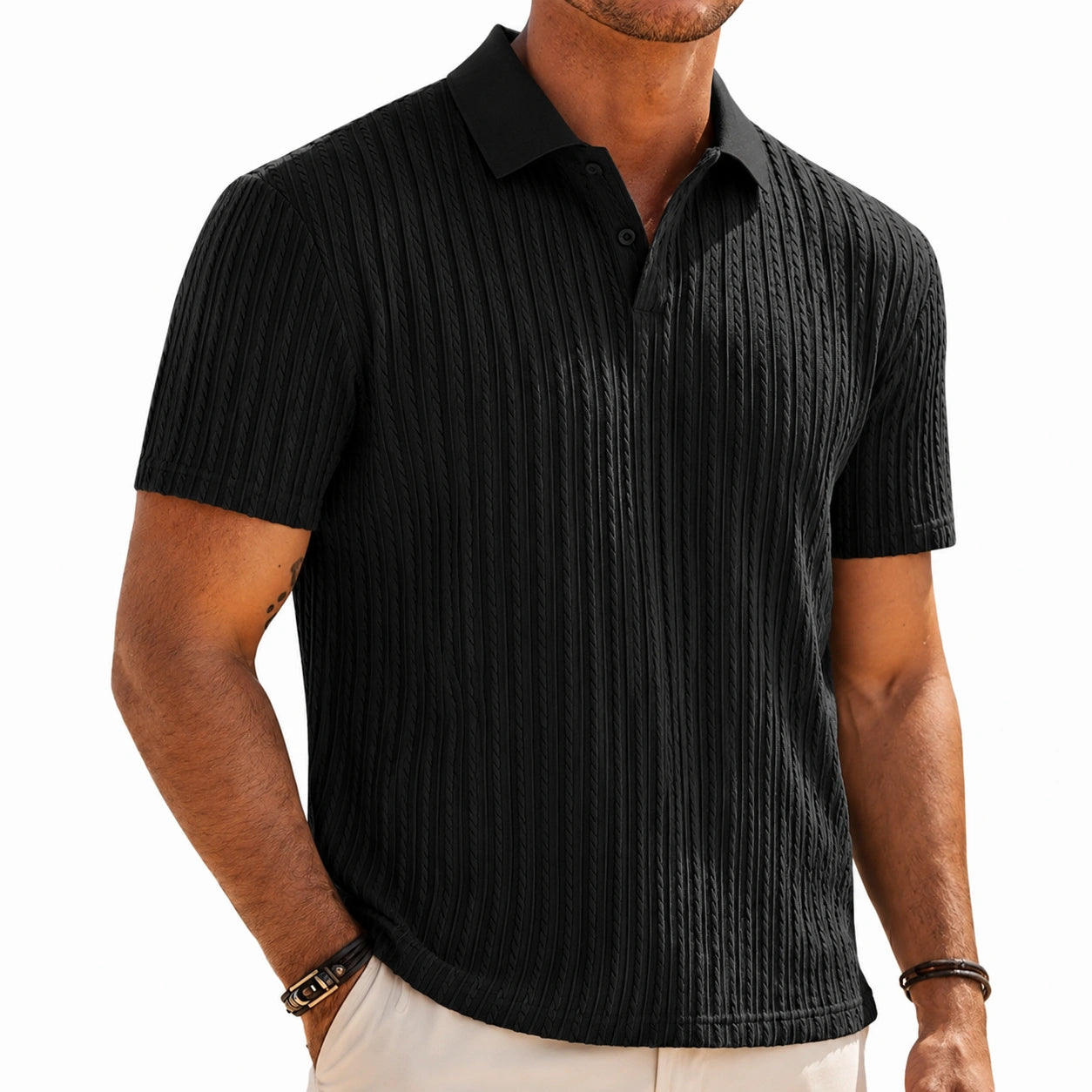 Polo de hombre talla L negro de punto texturizado de manga corta